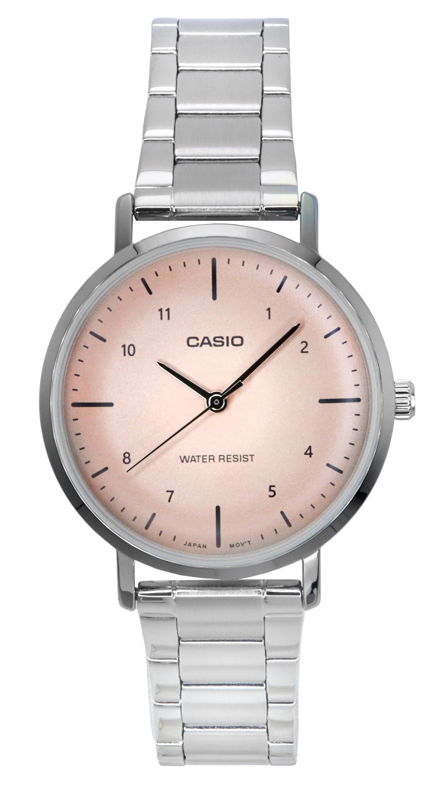 Casio Standard Analog Stainless Steel Salmon Dial Quartz Wo. A brand-new Casio Standard watch featuring a Salmon dial and a Stainless steel strap. Side view.