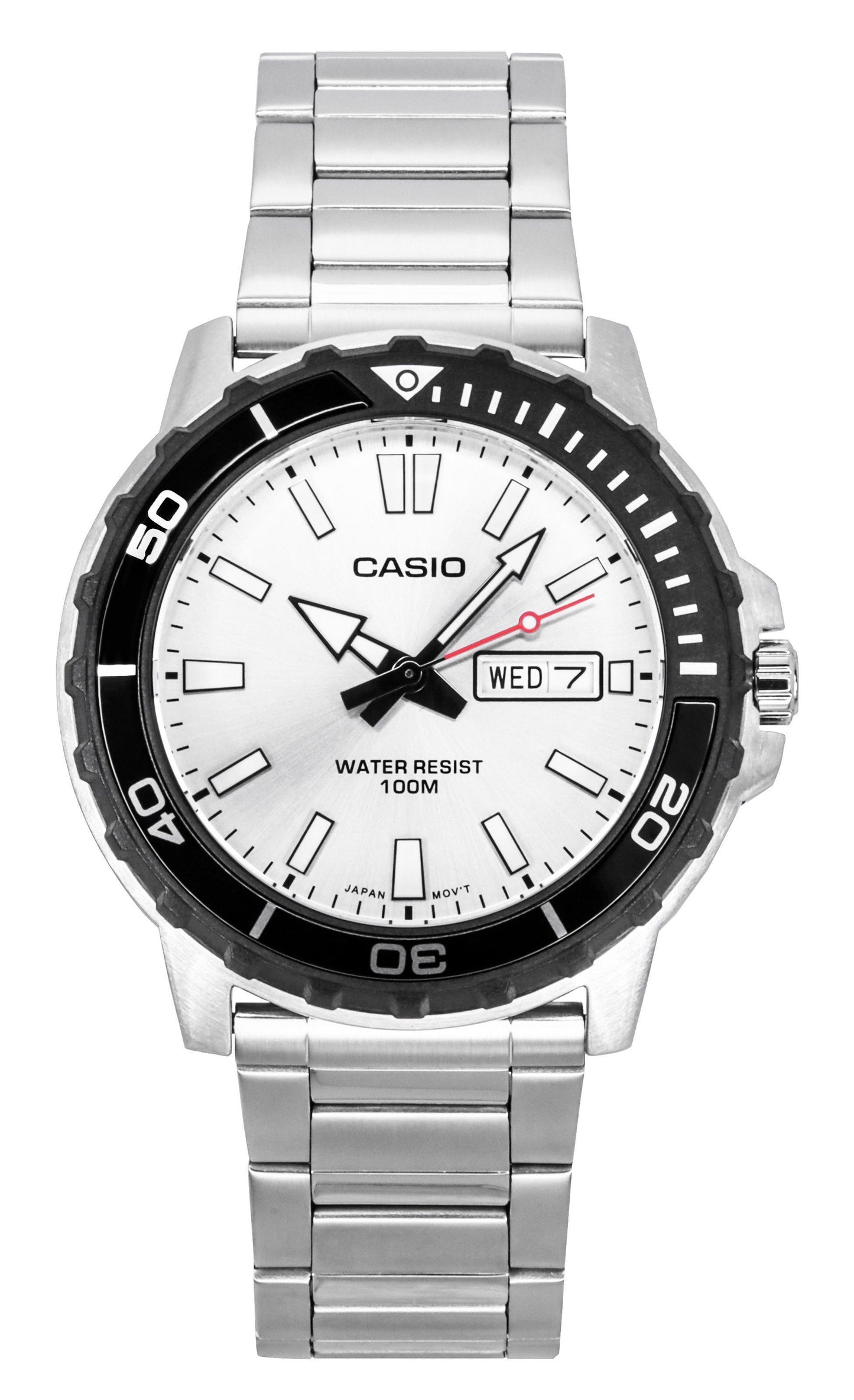 Casio Standard Analog Stainless Steel Silver Dial Quartz. A brand-new Casio Standard watch featuring a Silver dial and a Stainless steel strap. Front view.