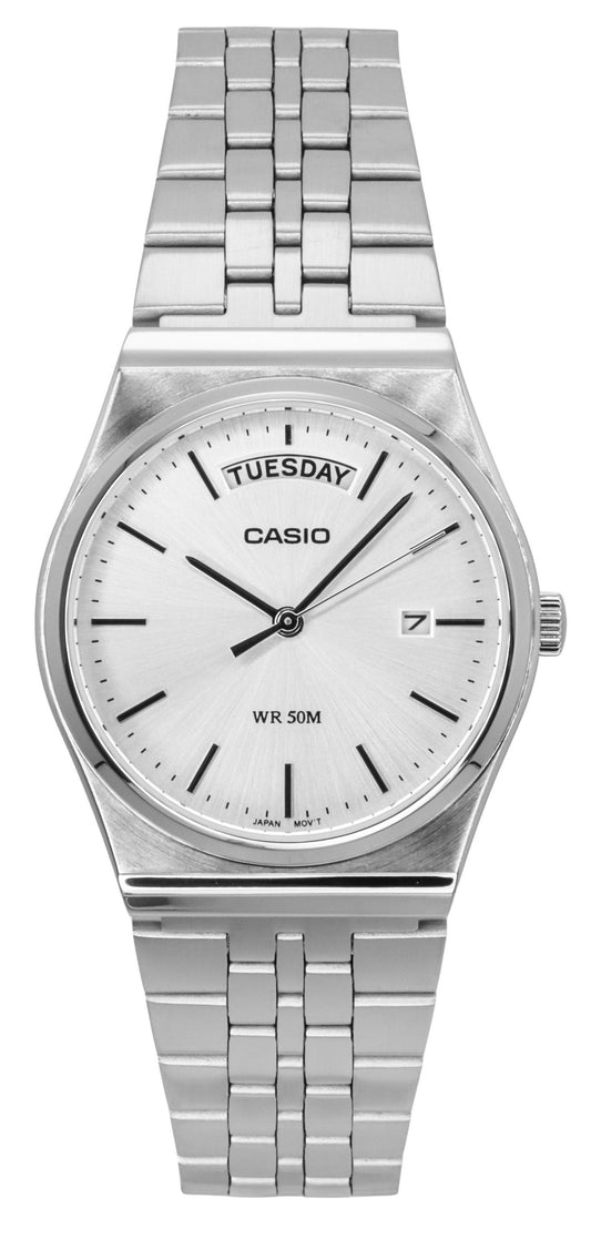 Casio Standard Analog Stainless Steel Silver Dial Quartz. A brand-new Casio Standard watch featuring a Silver dial and a Stainless steel strap. Side view.