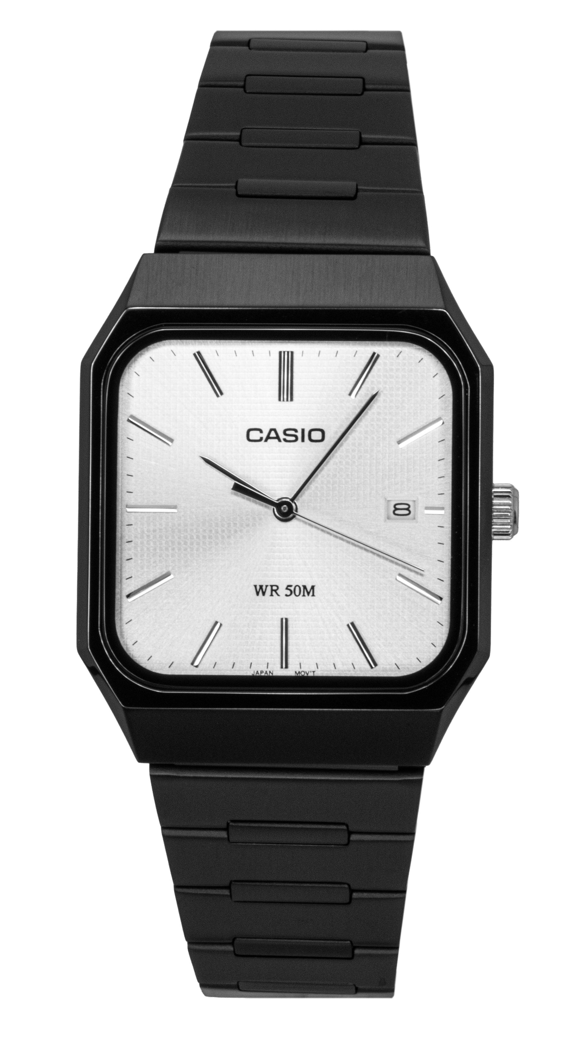 Casio Standard Analog Stainless Steel Silver Dial Quartz. A brand-new Casio Standard watch featuring a Silver dial and a Stainless steel strap. Angled view.