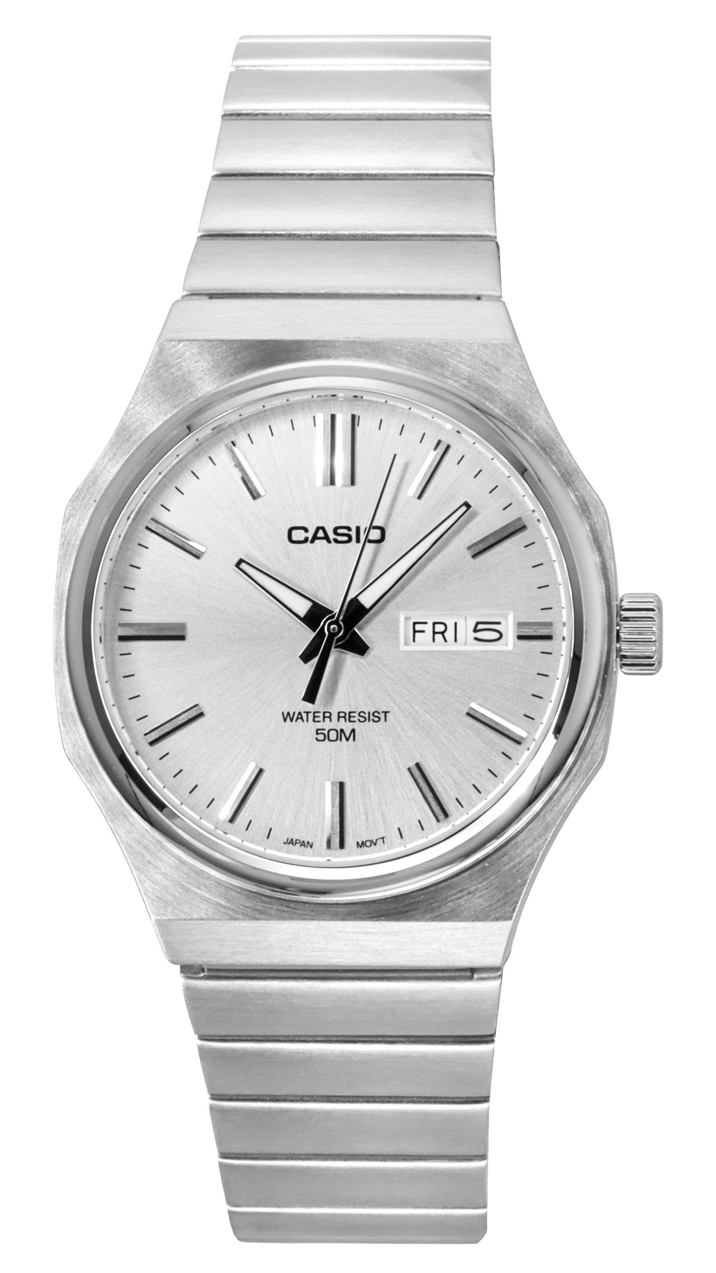 Casio Standard Analog Stainless Steel Silver Dial Quartz. A brand-new Casio Standard watch featuring a Silver dial and a Stainless steel strap. Side view.