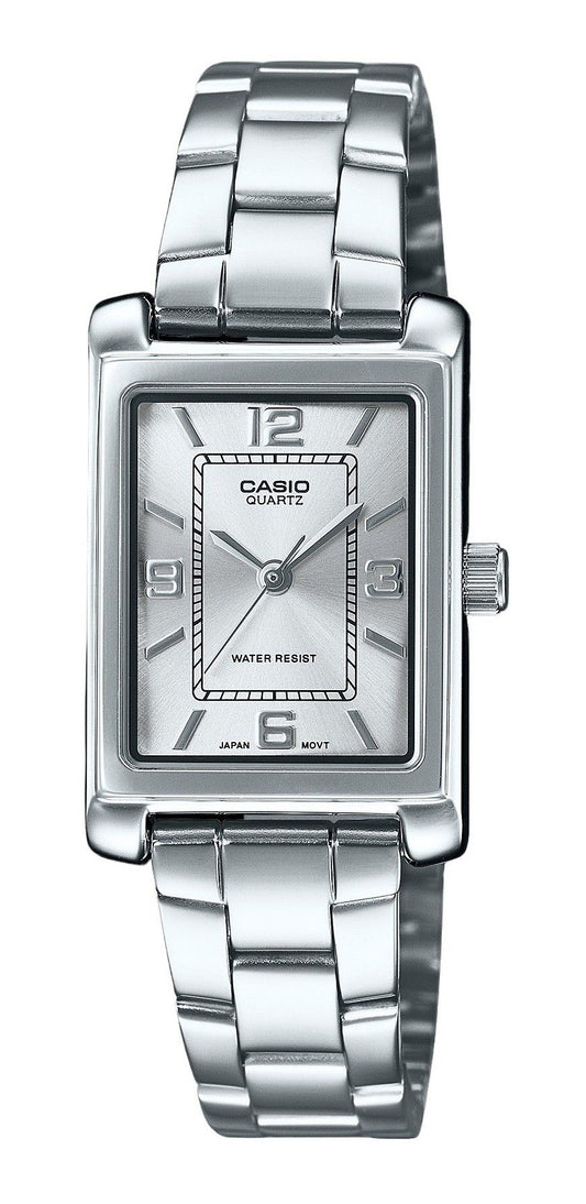 Casio Standard Analog Stainless Steel Silver Dial Quartz Wo. A brand-new Casio Standard watch featuring a Silver dial and a Stainless steel strap. Angled view.