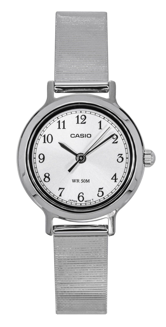 Casio Standard Analog Stainless Steel Silver Dial Quartz Wo. A brand-new Casio Standard watch featuring a Silver dial and a Stainless steel strap. Side view.