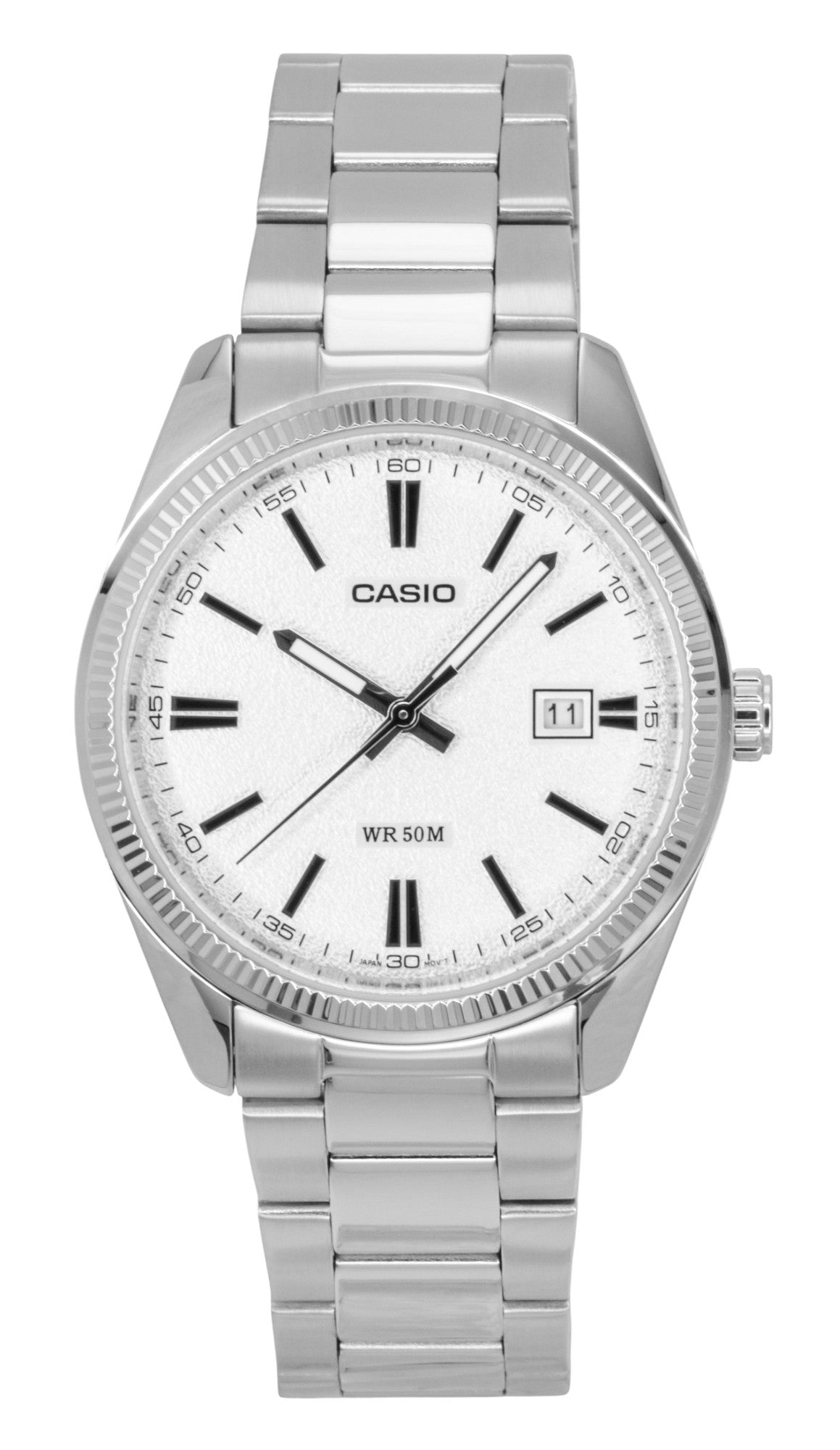 Casio Standard Analog Stainless Steel White Dial Quartz. A brand-new Casio Standard watch featuring a White dial and a Stainless steel strap. Angled view.