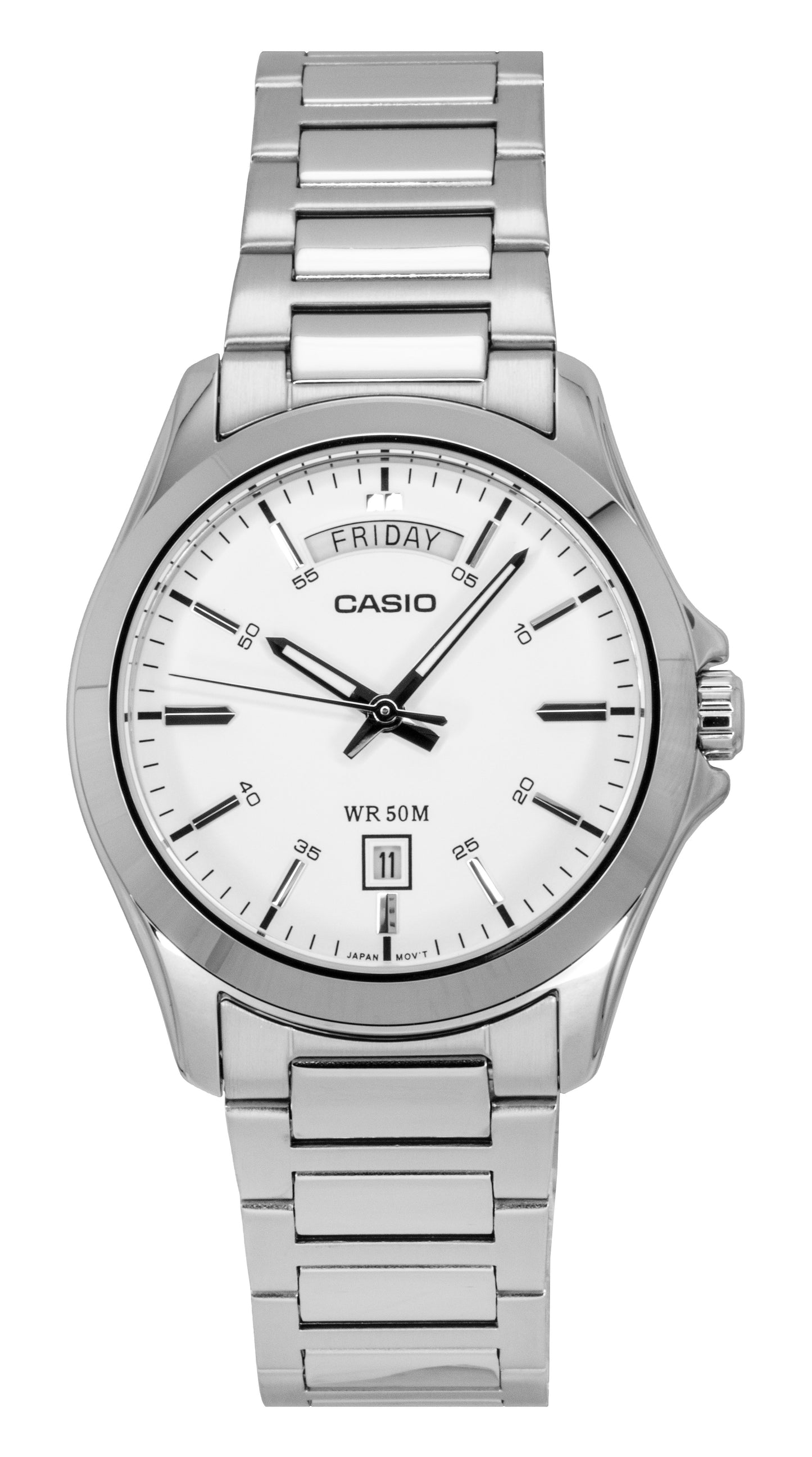 Casio Standard Analog Stainless Steel White Dial Quartz. A brand-new Casio Standard watch featuring a White dial and a Stainless steel strap. Angled view.