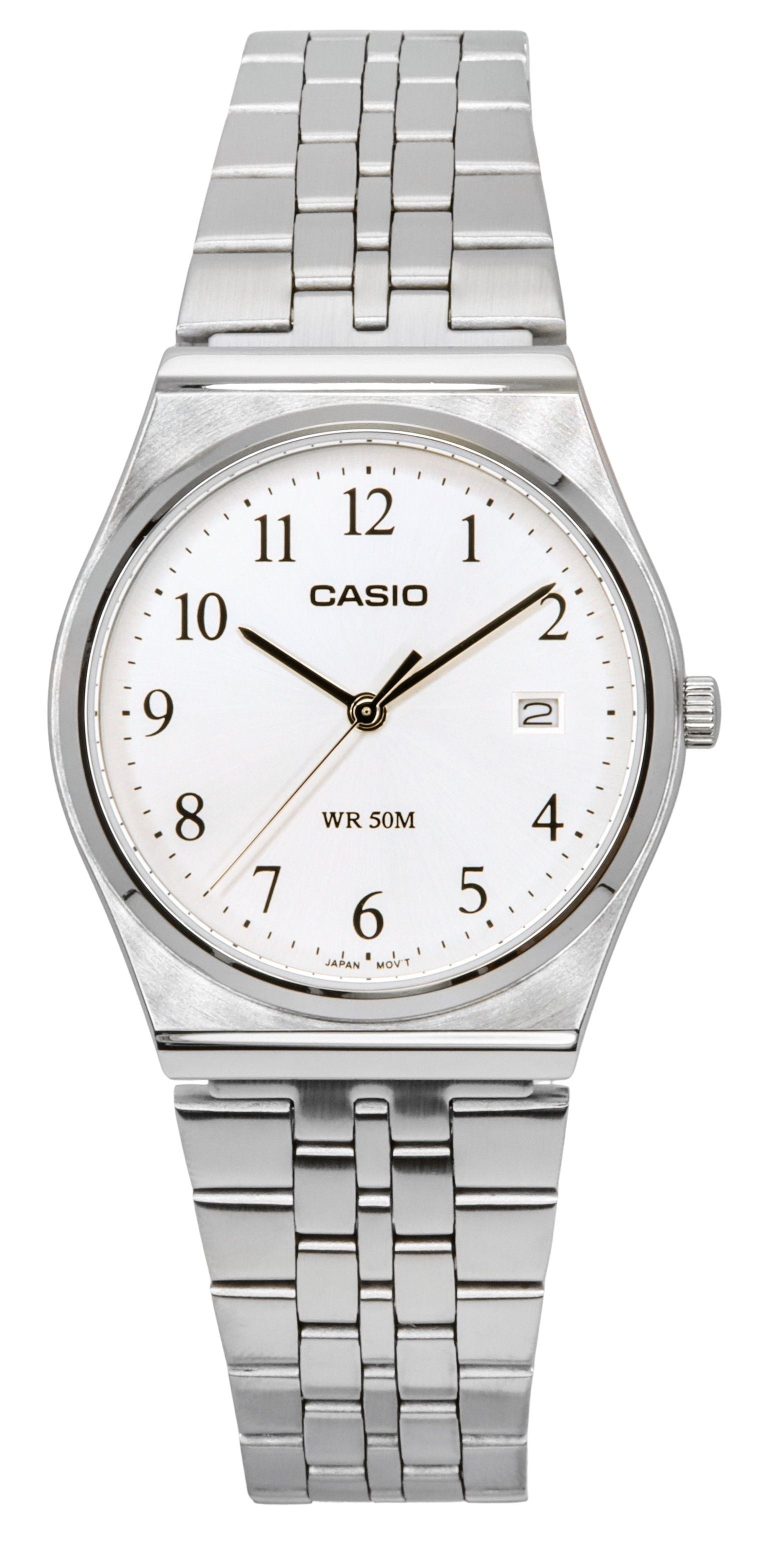 Casio Standard Analog Stainless Steel White Dial Quartz. A brand-new Casio Standard watch featuring a White dial and a Stainless steel strap. Angled view.