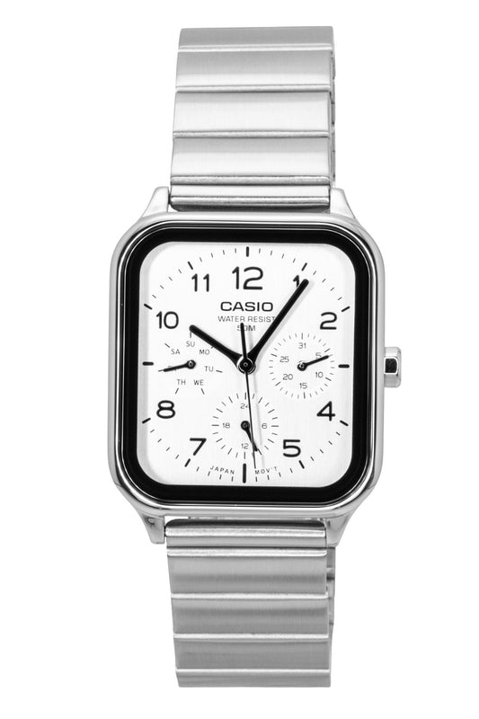 Casio Standard Analog Stainless Steel White Dial Quartz. A brand-new Casio Standard watch featuring a White dial and a Stainless steel strap. Side view.