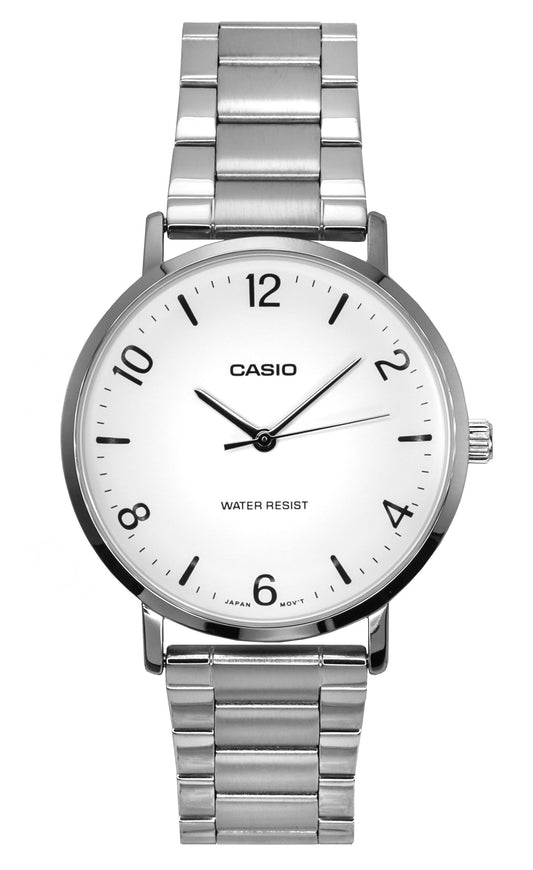 Casio Standard Analog Stainless Steel White Dial Quartz. A brand-new Casio Standard watch featuring a White dial and a Stainless steel strap. Angled view.