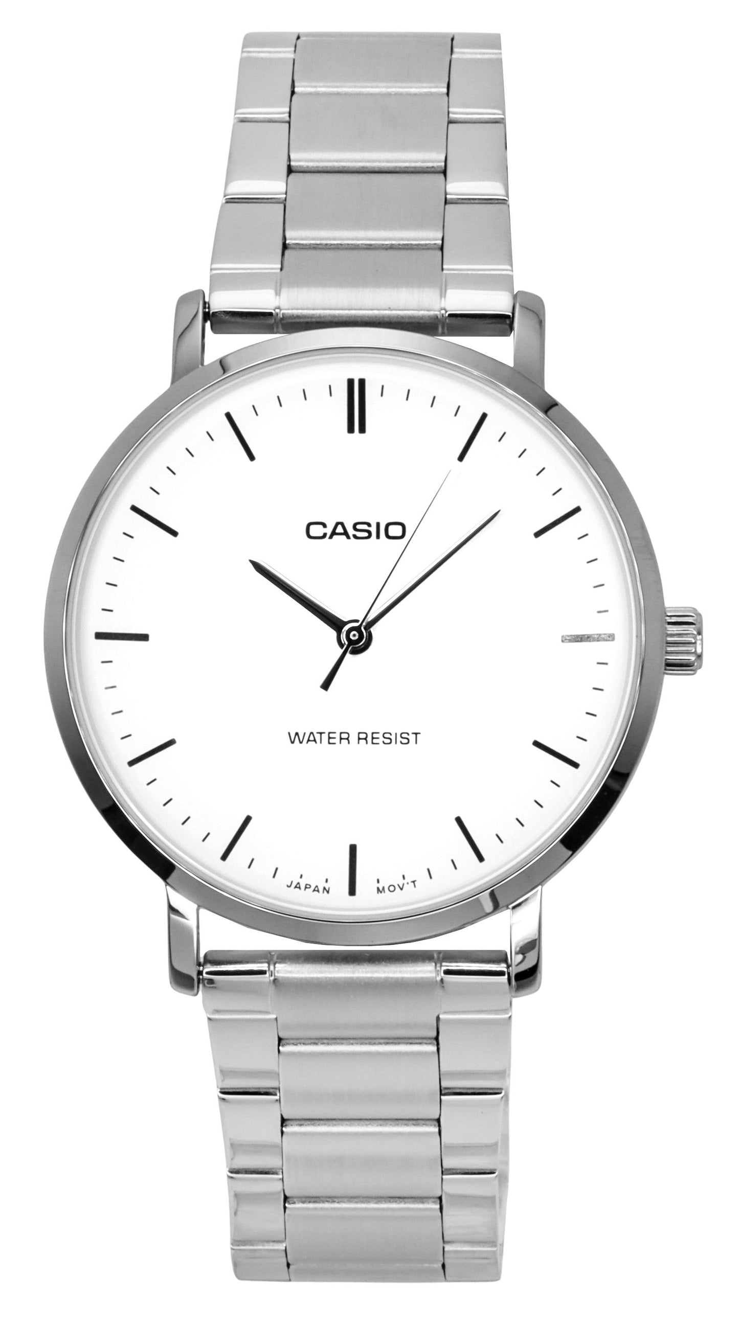 Casio Standard Analog Stainless Steel White Dial Quartz. A brand-new Casio Standard watch featuring a White dial and a Stainless steel strap. Angled view.