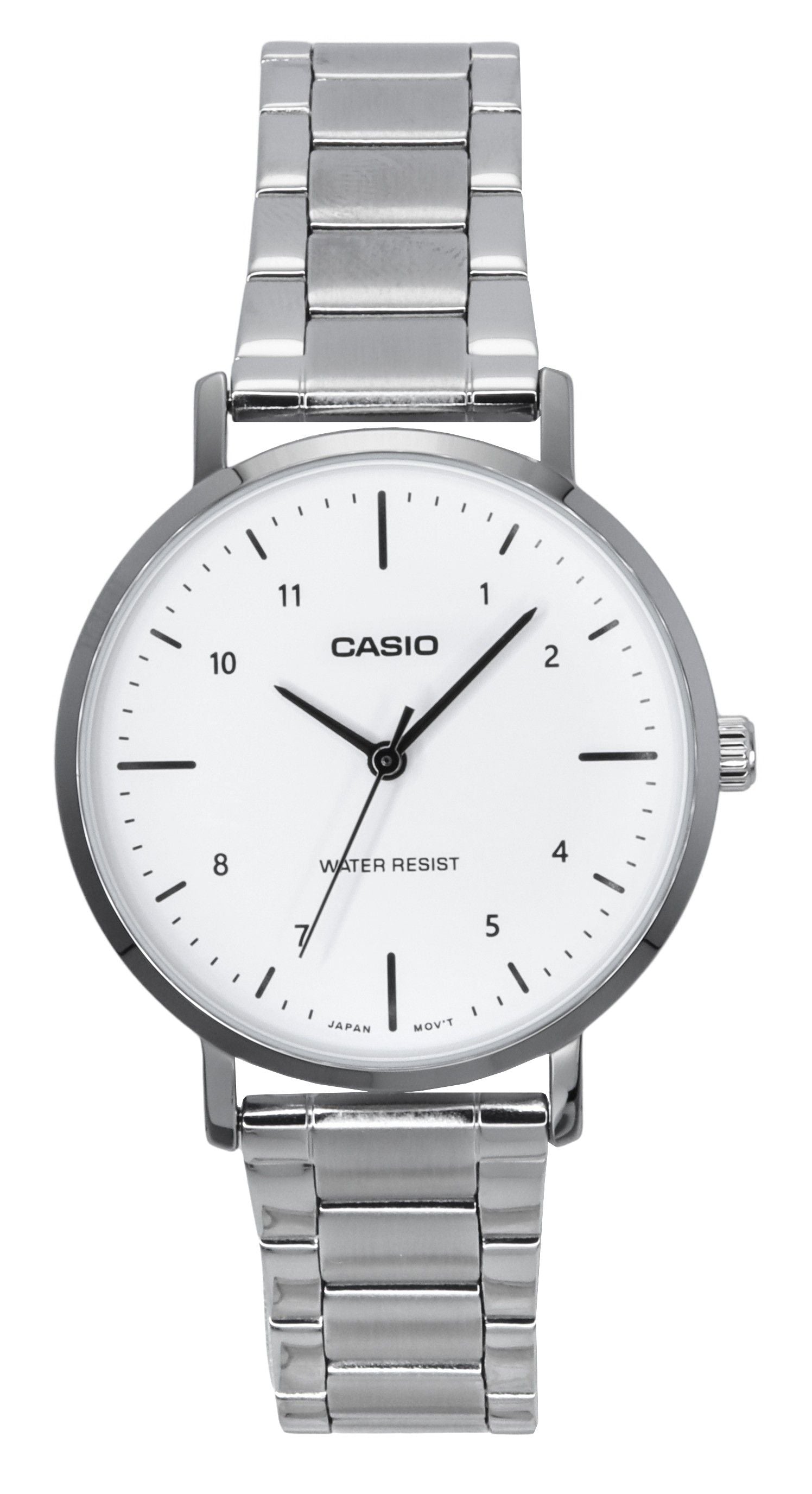 Casio Standard Analog Stainless Steel White Dial Quartz Wo. A brand-new Casio Standard watch featuring a White dial and a Stainless steel strap. Side view.