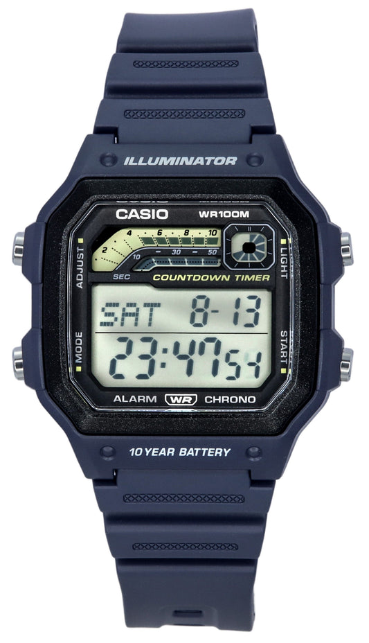 Casio Standard Digital Blue Resin Strap Quartz 100M. A brand-new Casio Standard watch. Angled view.