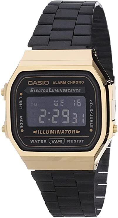 Casio Vintage Alarm Digital Stainless Steel Water Resistant. A brand-new Casio Vintage watch featuring a Stainless steel strap. Side view.