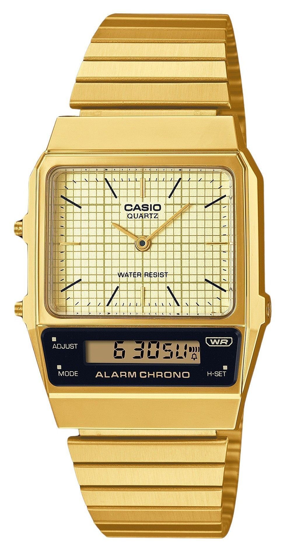Casio Vintage Analog Digital Gold Ion Plated Stainless. A brand-new Casio Vintage watch featuring a Beige dial and a Stainless steel strap. Angled view.