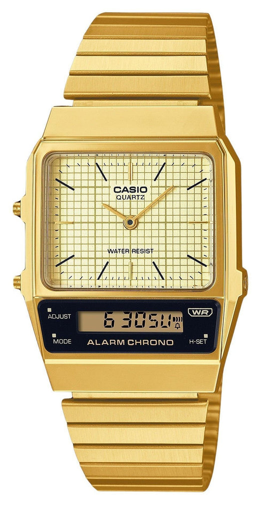 Casio Vintage Analog Digital Gold Ion Plated Stainless. A brand-new Casio Vintage watch featuring a Beige dial and a Stainless steel strap. Angled view.