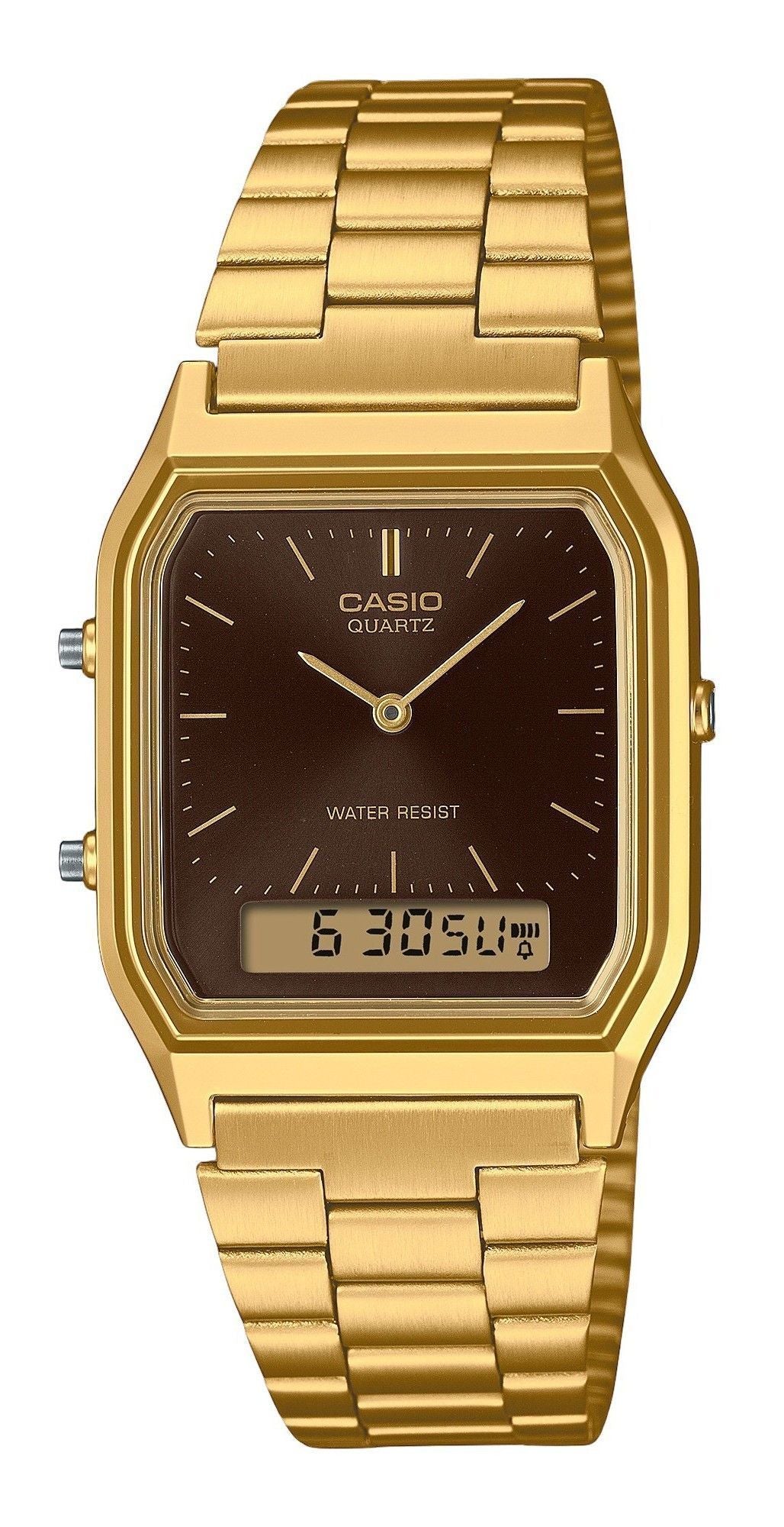 Casio Vintage Analog Digital Gold Tone Stainless Steel. A brand-new Casio Vintage watch featuring a Stainless steel strap. Angled view.