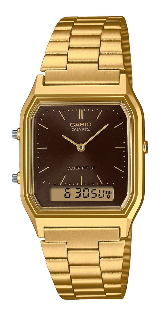 Casio Vintage Analog Digital Gold Tone Stainless Steel. A brand-new Casio Vintage watch featuring a Stainless steel strap. Angled view.