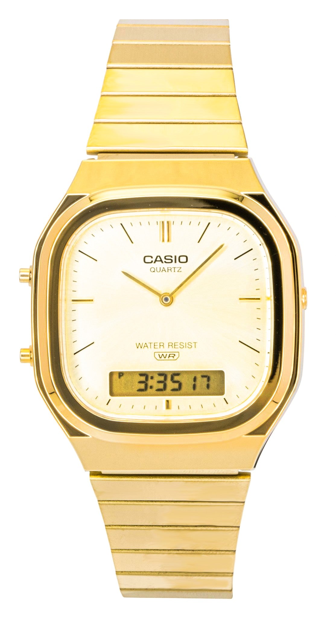 Casio Vintage Analog Digital Gold Tone Stainless Steel Gold. A brand-new Casio Vintage watch featuring a Gold dial and a Stainless steel strap. Side view.