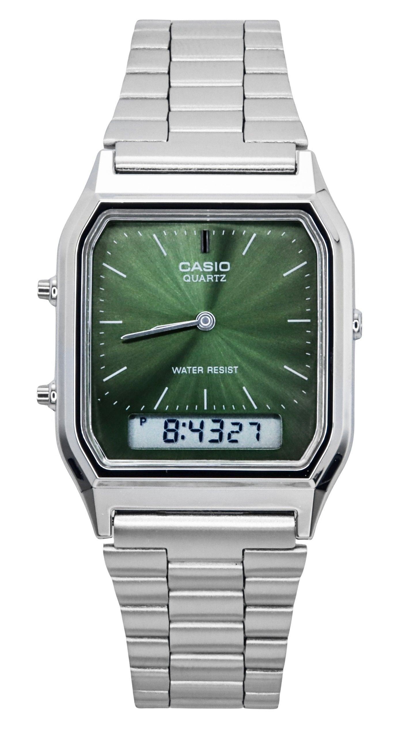 Casio Vintage Analog Digital Green Dial Dual Time Quartz. A brand-new Casio Vintage watch featuring a Green dial. Angled view.