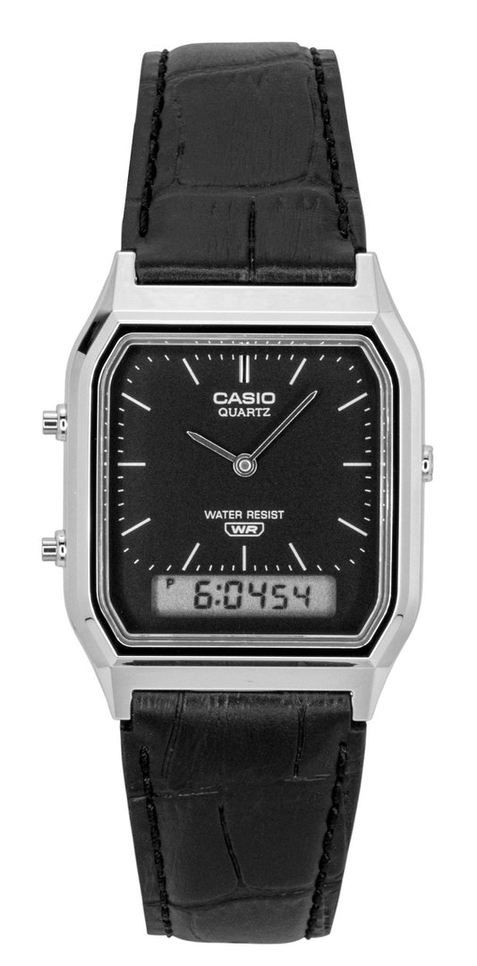 Casio Vintage Analog Digital Leather Strap Black Dial Quartz. A brand-new Casio Vintage watch featuring a Black dial and a Leather strap. Angled view.