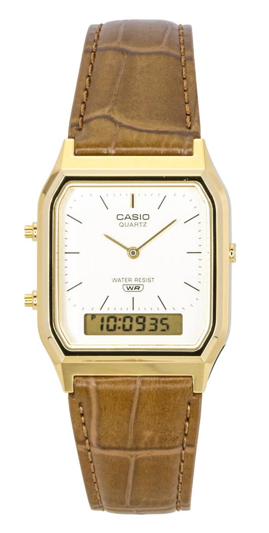 Casio Vintage Analog Digital Leather Strap Gold Dial Quartz. A brand-new Casio Vintage watch featuring a Gold dial and a Leather strap. Side view.