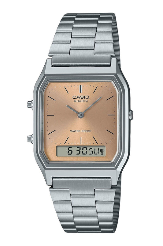 Casio Vintage Analog Digital Light Copper Dial Dual time. A brand-new Casio Vintage watch featuring a Copper dial. Side view.