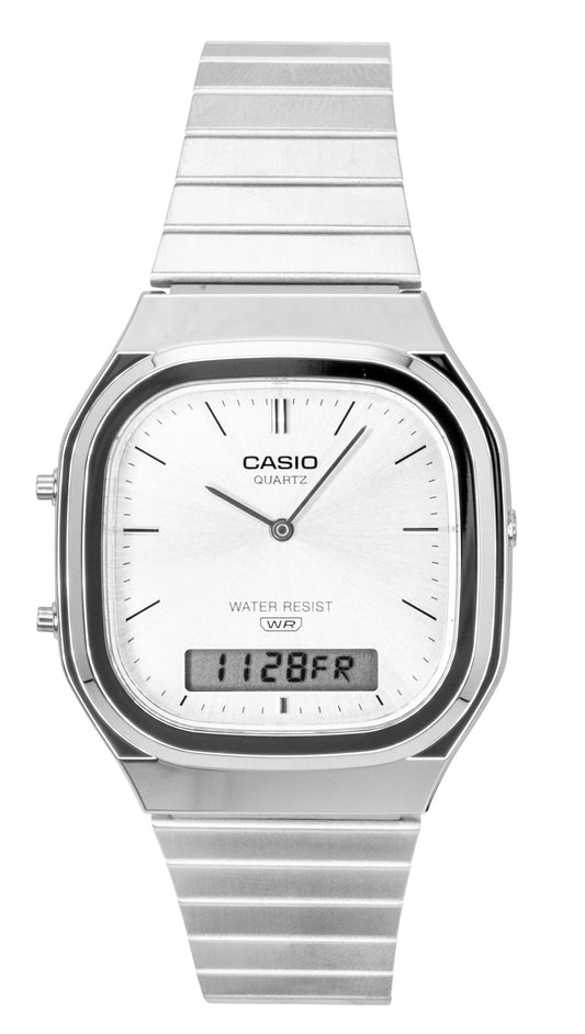 Casio Vintage Analog Digital Stainless Steel Silver Dial. A brand-new Casio Vintage watch featuring a Silver dial and a Stainless steel strap. Angled view.