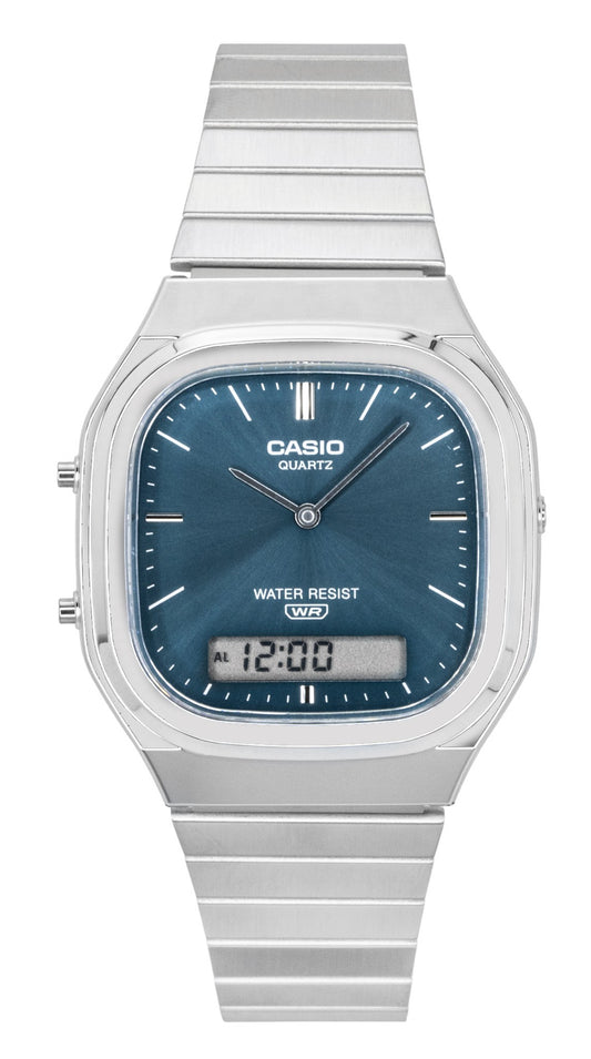 Casio Vintage Analog Digital Stainless Steel Sky Blue Dial. A brand-new Casio Vintage watch featuring a Blue dial and a Stainless steel strap. Angled view.