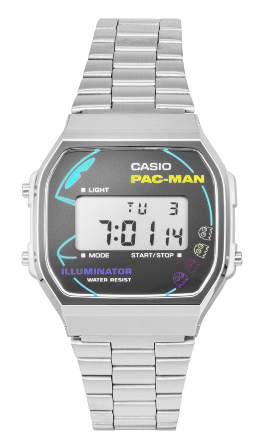 Casio Vintage Digital PAC-MAN Collaboration Quartz. A brand-new Casio Vintage watch featuring a Stainless steel strap. Angled view.