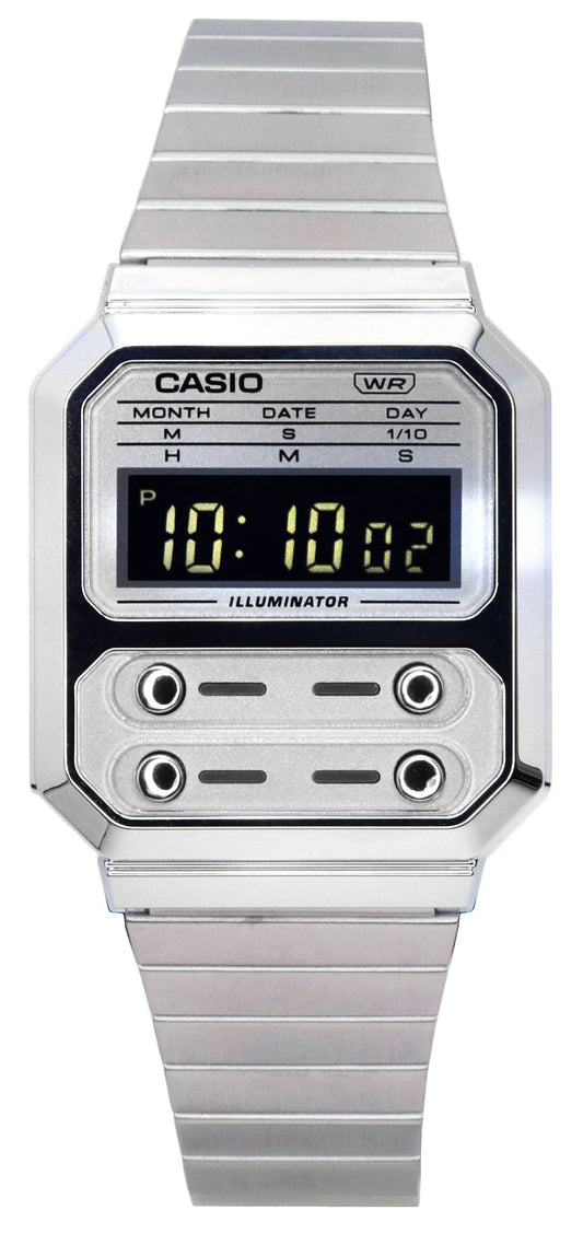 Casio Vintage Digital Stainless Steel Quartz Water Resistant. A brand-new Casio Vintage watch featuring a Stainless steel strap. Side view.