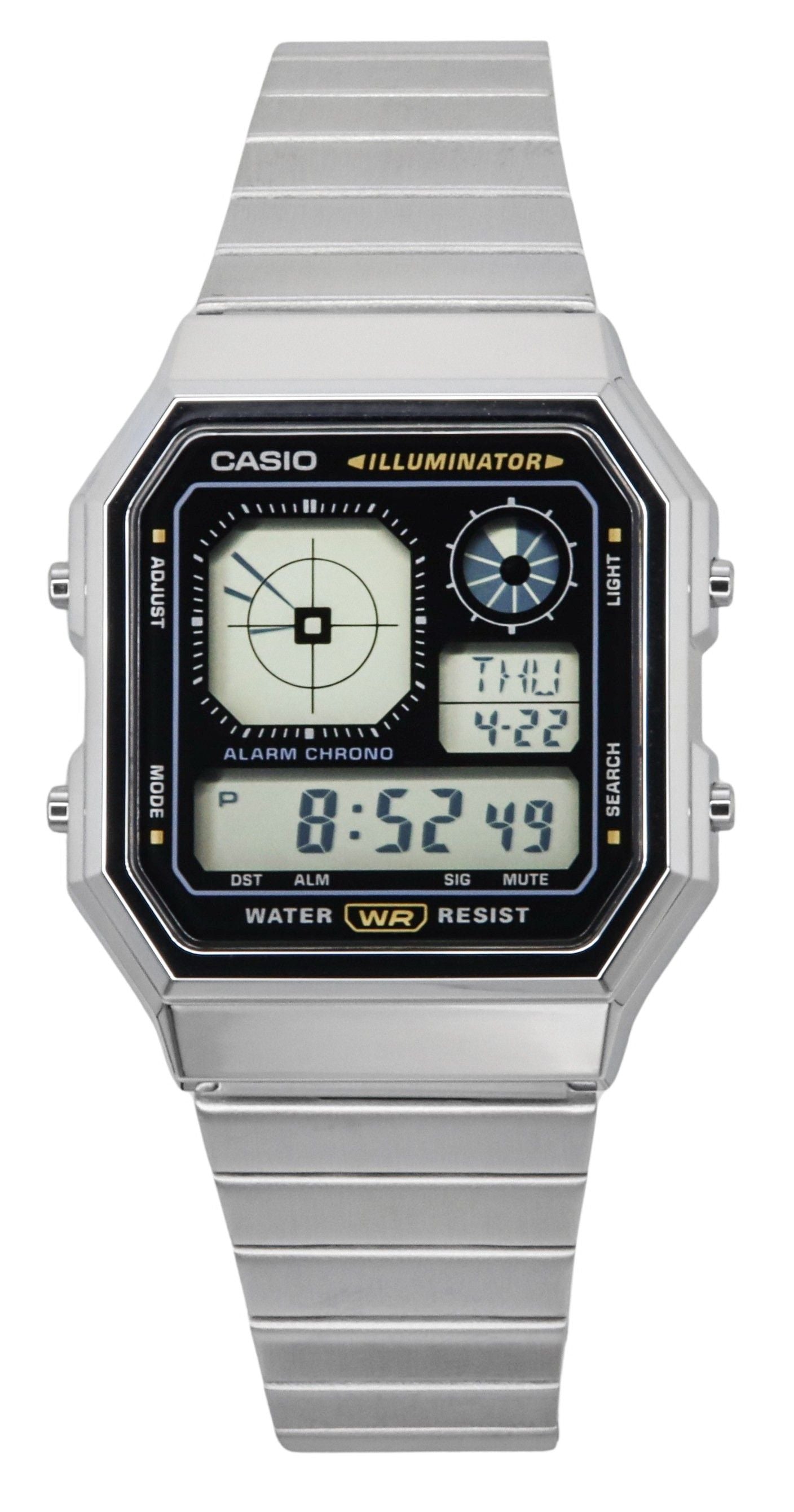 Casio Vintage Digital Stainless Steel Quartz Water Resistant. A brand-new Casio Vintage watch featuring a Stainless steel strap. Angled view.