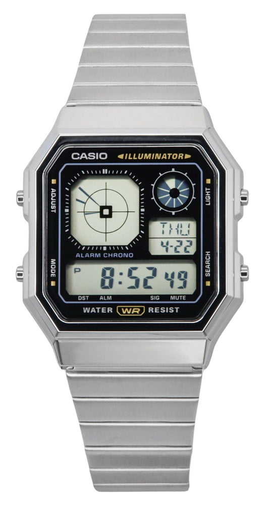 Casio Vintage Digital Stainless Steel Quartz Water Resistant. A brand-new Casio Vintage watch featuring a Stainless steel strap. Angled view.