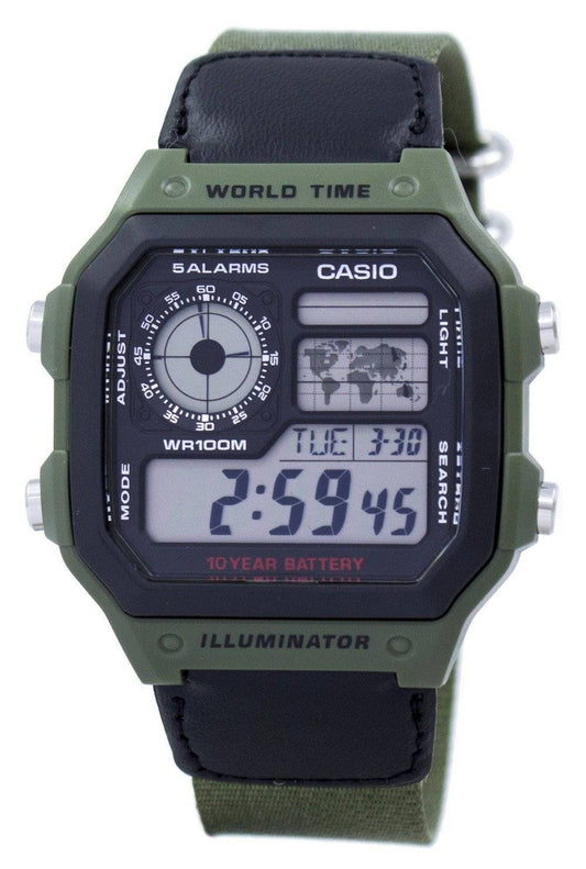Casio World Time Alarm Digital AE1200WHB-3BV Water Resistant. A brand-new Casio watch. Angled view.