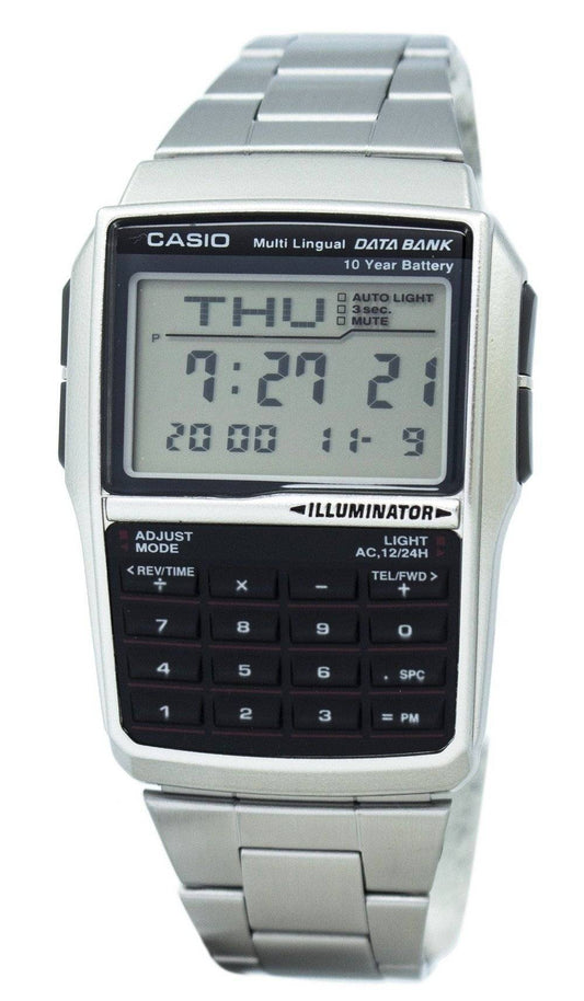 Casio Youth Digital Data Bank 5 Alarm Multi-Lingual. A brand-new Casio Youth watch featuring a Stainless steel strap. Angled view.