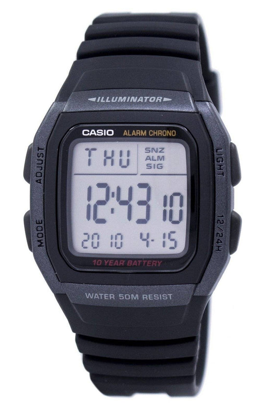 Casio Youth Digital Illuminator W96H-1BVDF Water Resistant. A brand-new Casio Youth watch. Angled view.