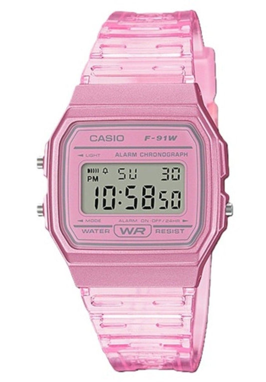 Casio Youth Pink Resin Digital F91WS-4 Stainless Steel. A brand-new Casio Youth watch. Front view.