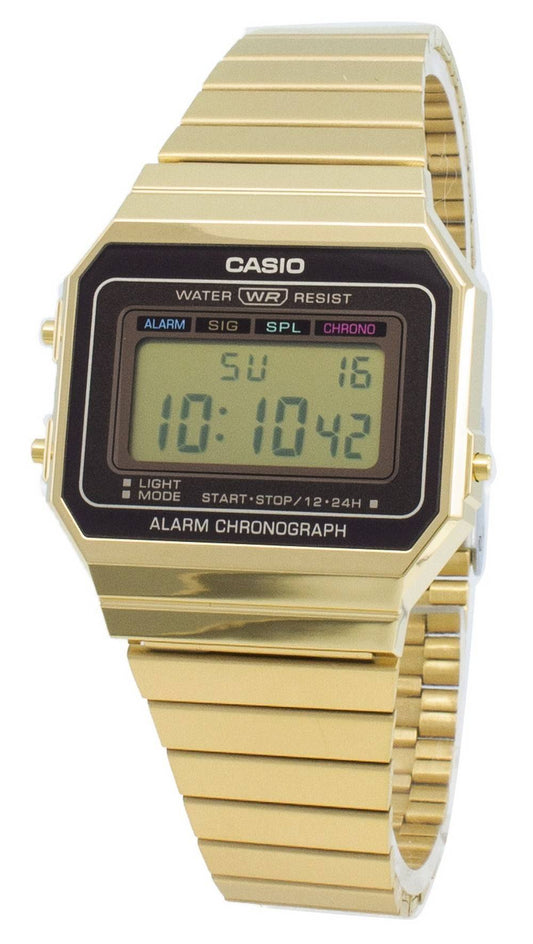 Casio Youth Vintage Alarm Chronograph Quartz Water Resistant. A brand-new Casio Vintage watch featuring a Stainless steel strap. Angled view.