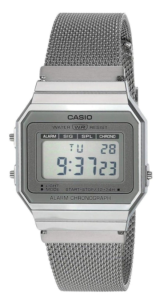 Casio Youth Vintage Daily Alarm Quartz A-700WM-7A 100M Wo. A brand-new Casio Vintage watch featuring a Stainless steel strap. Angled view.