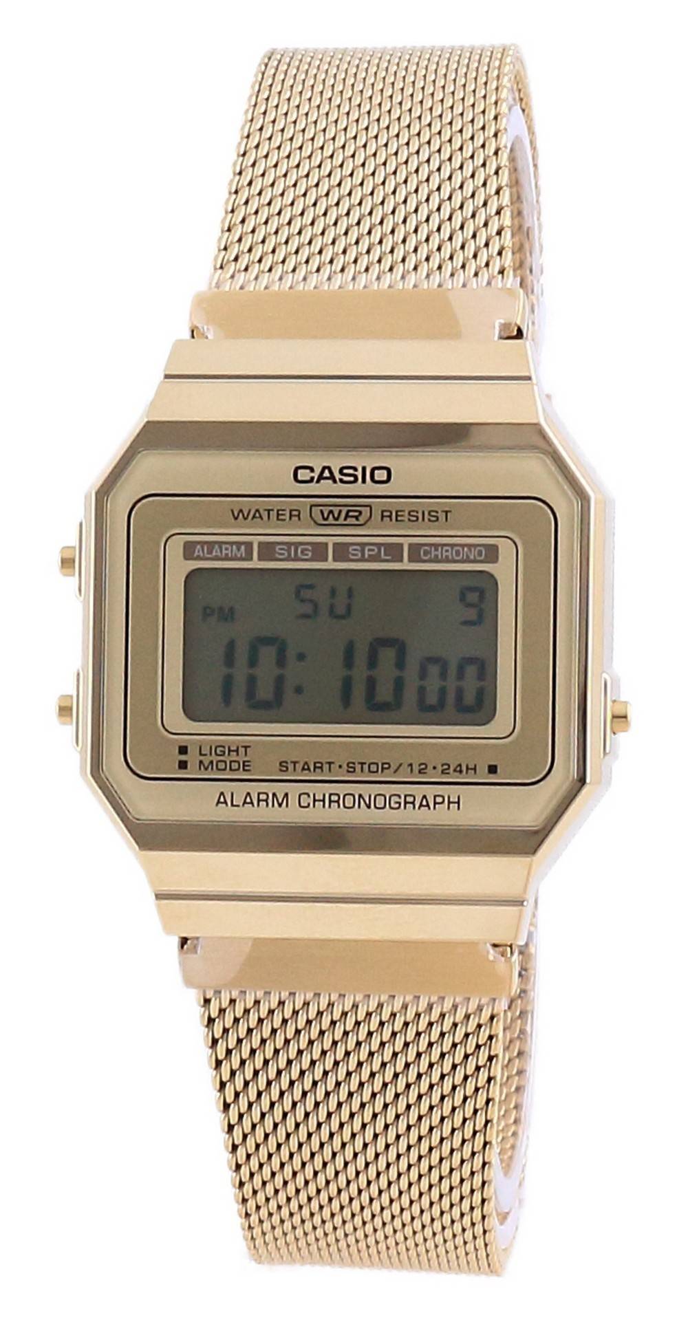 Casio Youth Vintage Gold Tone Stainless Steel Digital. A brand-new Casio Vintage watch featuring a Stainless steel strap. Angled view.