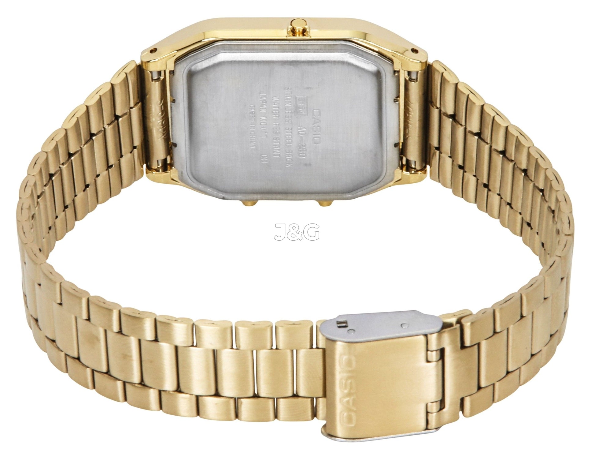 Casio Alarm Black Stainless steel Male AQ-230GA-9DMQYES. A brand-new Casio watch featuring a Black dial and a Stainless steel strap. Angled view. - view 3