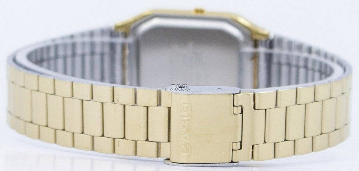 Casio Alarm Black Stainless steel Male AQ-230GA-9DMQYES. A brand-new Casio watch featuring a Black dial and a Stainless steel strap. Angled view. - view 5