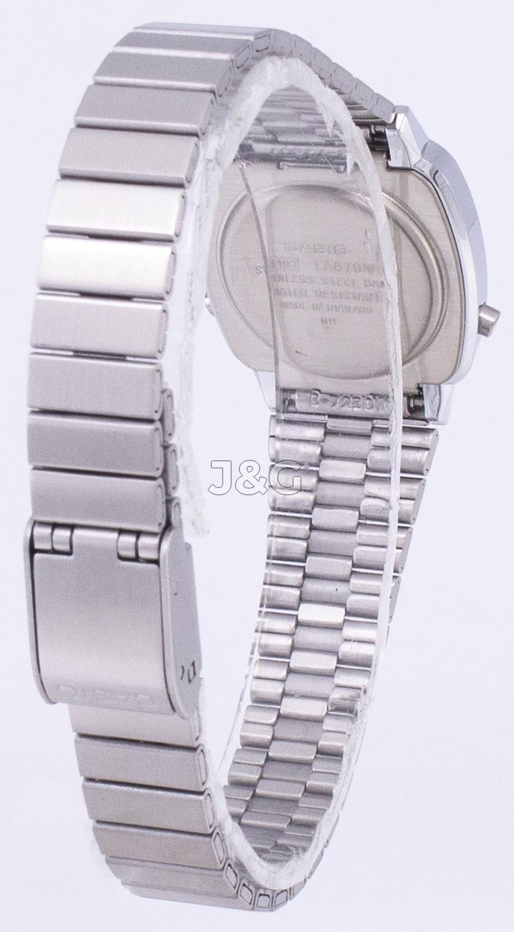 Casio Alarm Blue Stainless steel Female LA670WA-7DF. A brand-new Casio watch featuring a Blue dial and a Stainless steel strap. Angled view. - view 3