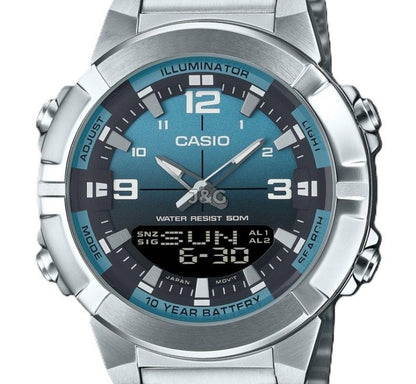 Casio Alarm Blue Stainless steel Male AMW-870DA-2A2V. A brand-new Casio watch featuring a Blue dial and a Stainless steel strap. Angled view. - view 2