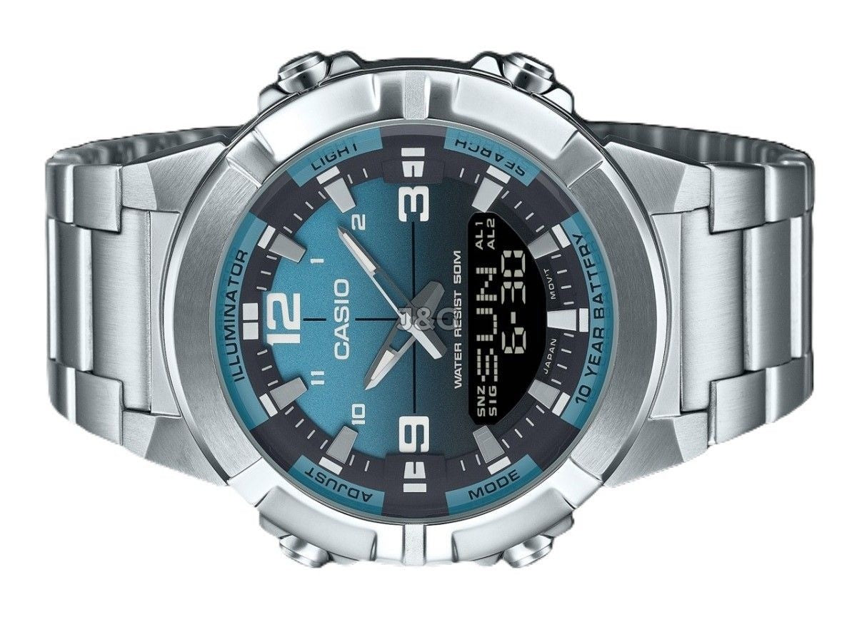 Casio Alarm Blue Stainless steel Male AMW-870DA-2A2V. A brand-new Casio watch featuring a Blue dial and a Stainless steel strap. Angled view. - view 3