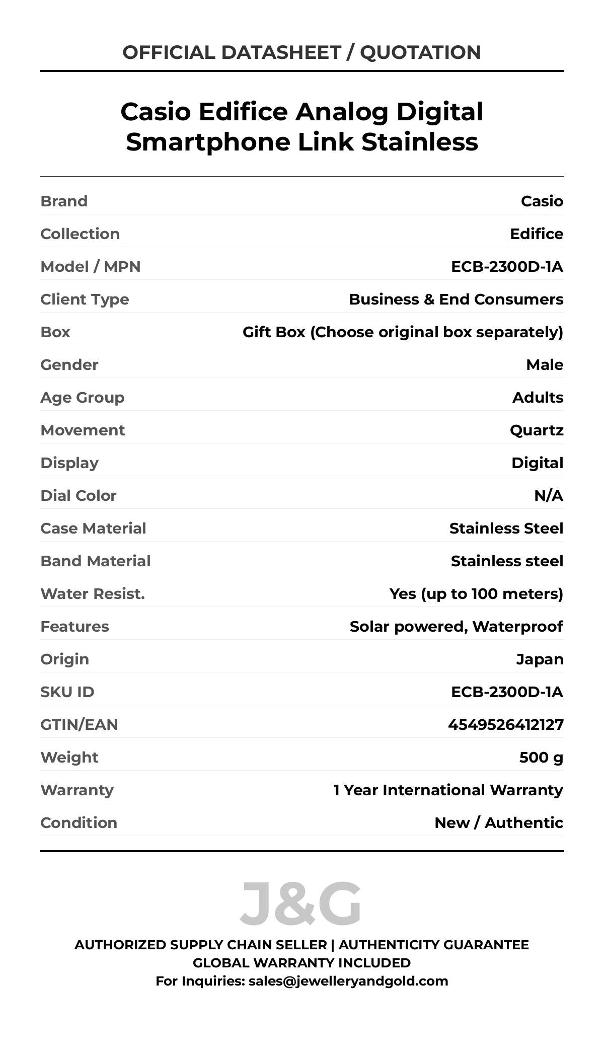 Casio Edifice Analog Digital Smartphone Link Stainless. A brand-new Casio Edifice watch featuring a N/A dial and a Stainless steel strap. Front view. - DS_FINAL