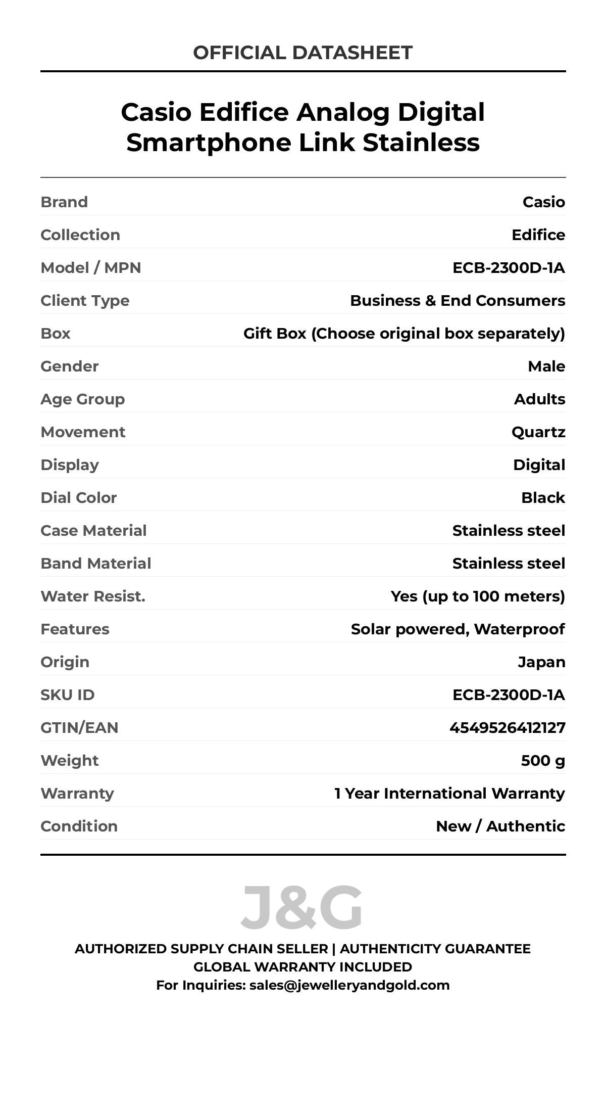 Casio Edifice Analog Digital Smartphone Link Stainless. A brand-new Casio Edifice watch featuring a Black dial and a Stainless steel strap. Angled view. - DS_FINAL