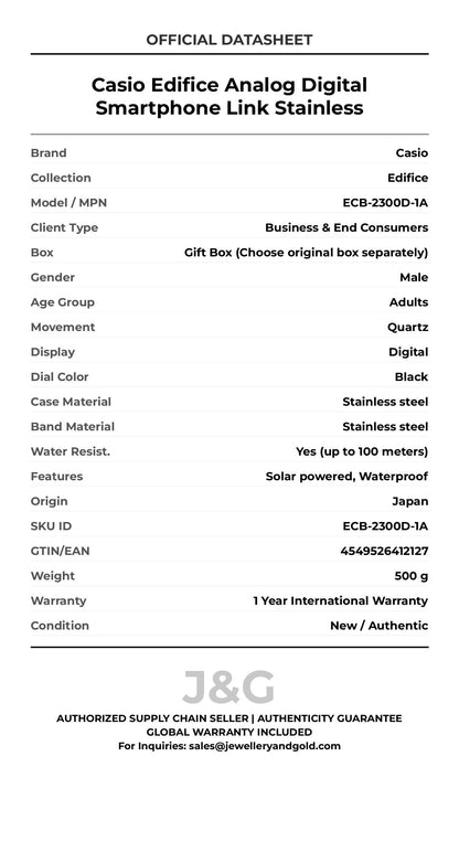 Casio Edifice Analog Digital Smartphone Link Stainless. A brand-new Casio Edifice watch featuring a Black dial and a Stainless steel strap. Angled view. - DS_FINAL