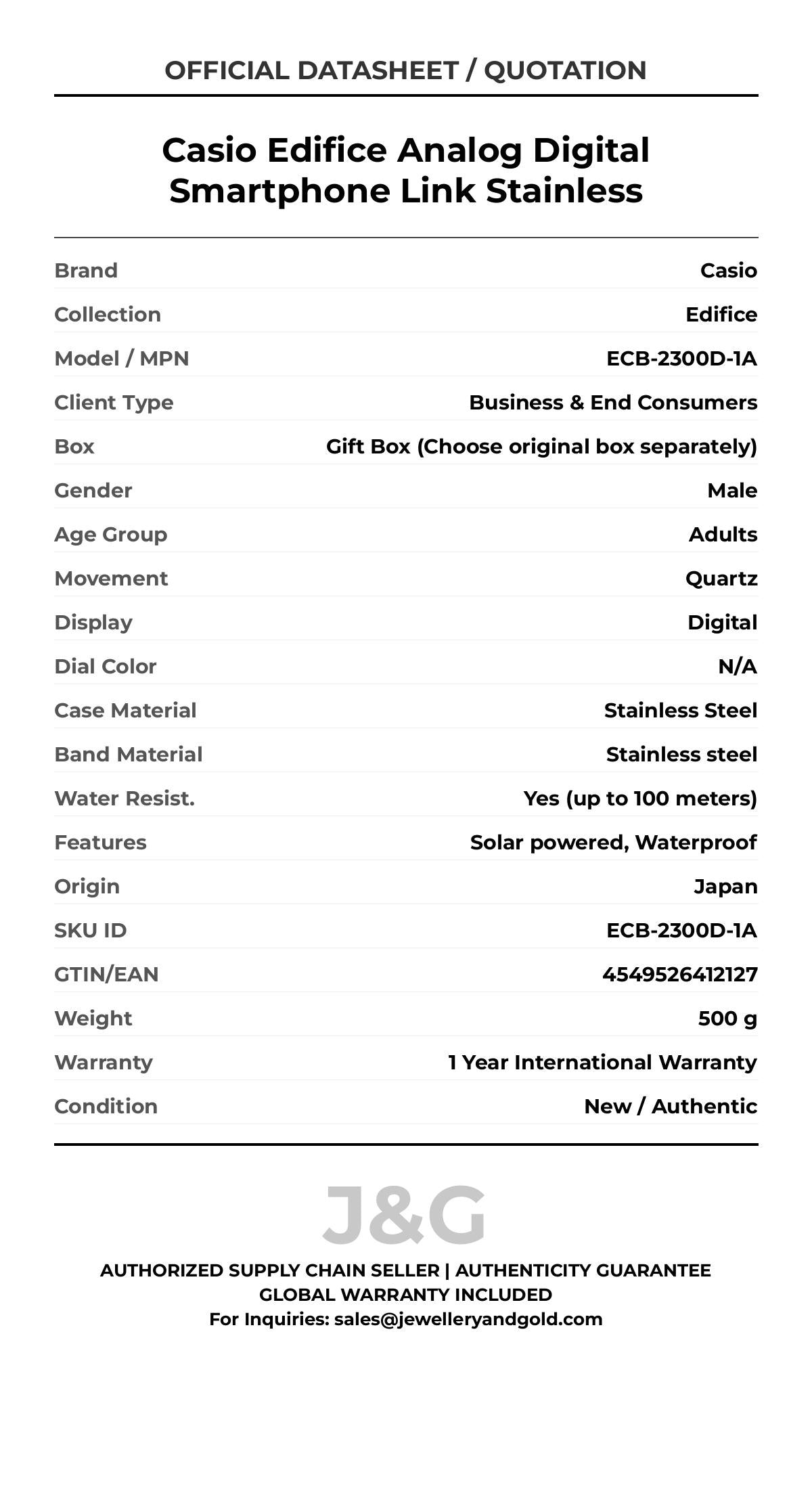 Casio Edifice Analog Digital Smartphone Link Stainless. A brand-new Casio Edifice watch featuring a N/A dial and a Stainless steel strap. Angled view. - DS_FINAL