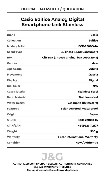 Casio Edifice Analog Digital Smartphone Link Stainless. A brand-new Casio Edifice watch featuring a N/A dial and a Stainless steel strap. Angled view. - DS_FINAL