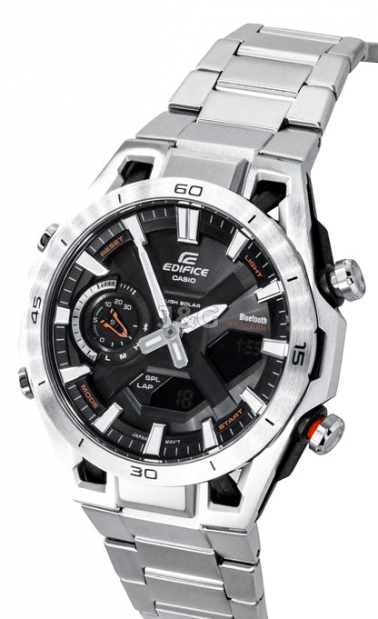 Casio Edifice Analog Digital Smartphone Link Stainless. A brand-new Casio Edifice watch featuring a N/A dial and a Stainless steel strap. Angled view. - SEQ_3