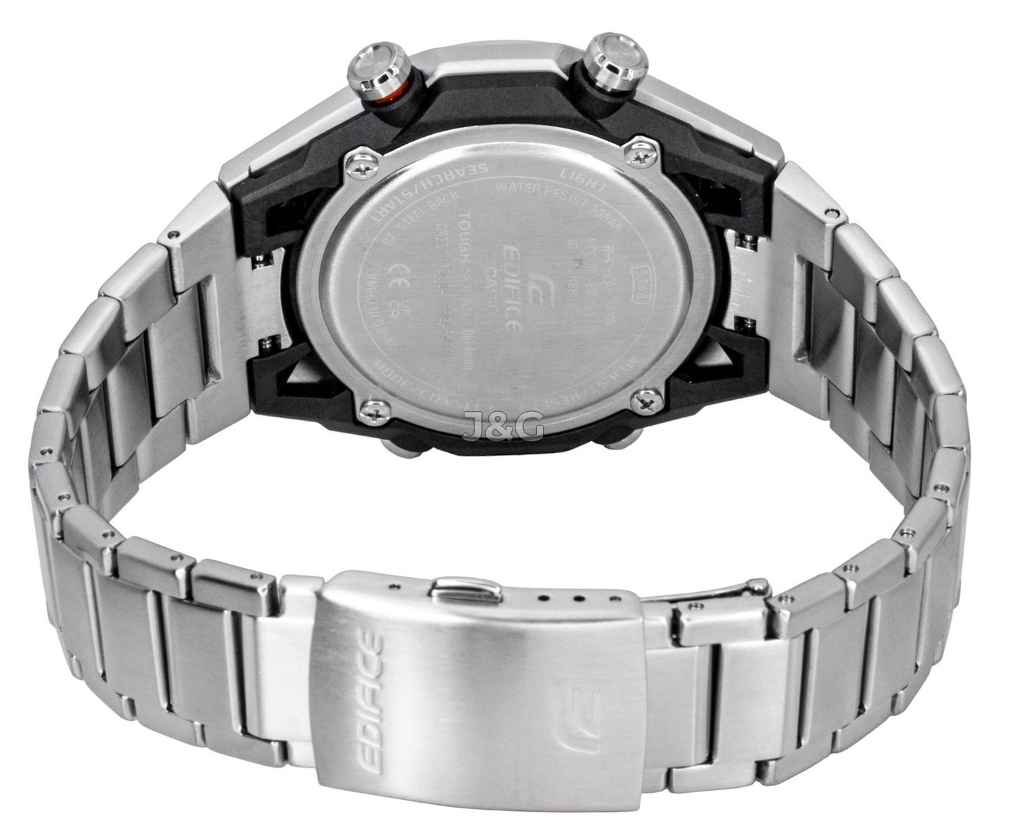 Casio Edifice Analog Digital Smartphone Link Stainless. A brand-new Casio Edifice watch featuring a N/A dial and a Stainless steel strap. Angled view. - SEQ_4